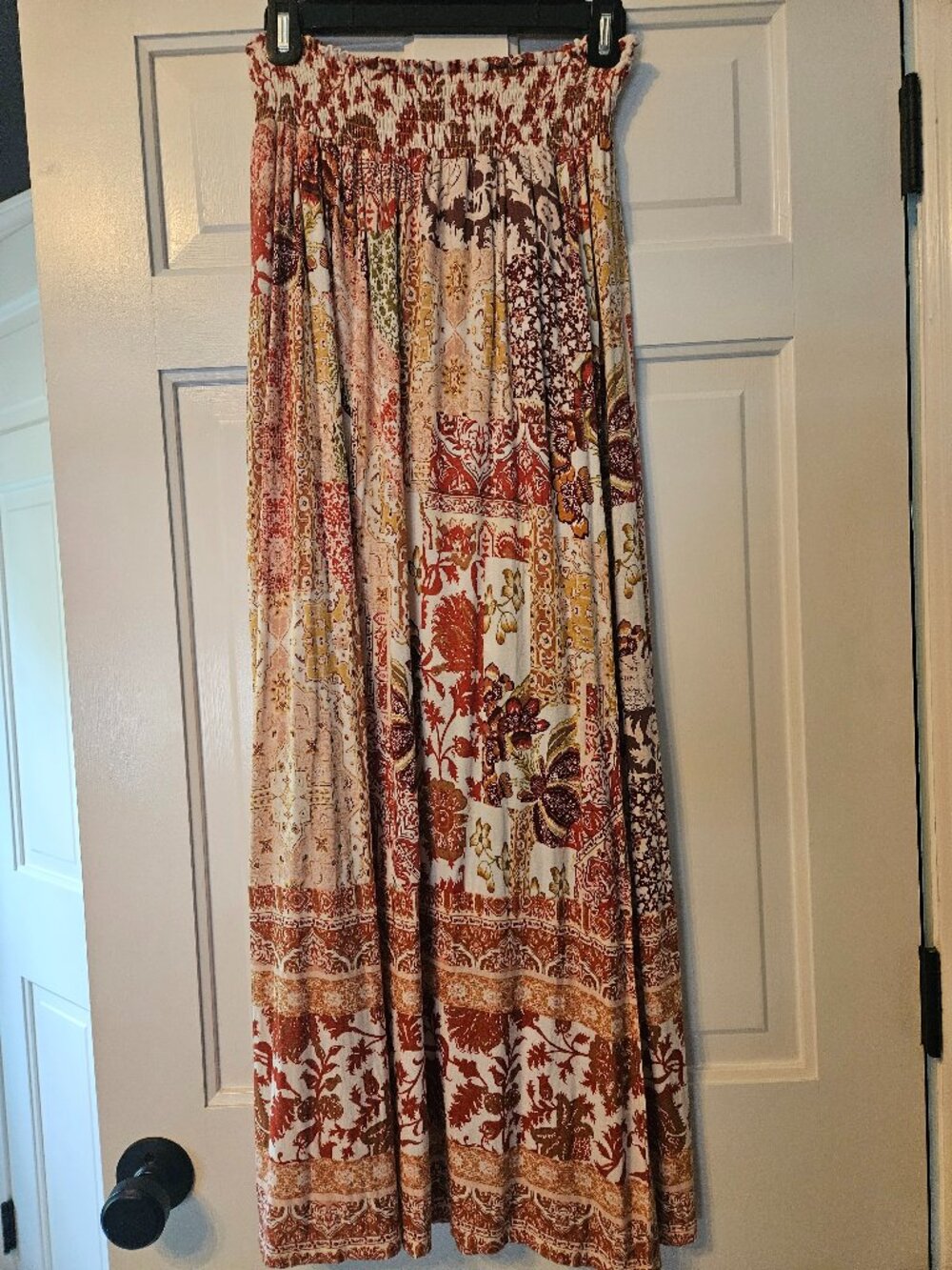 Anthropologie Boho Maxi Skirt Rust Paisley Patchwork Smocked Waist Women's Size